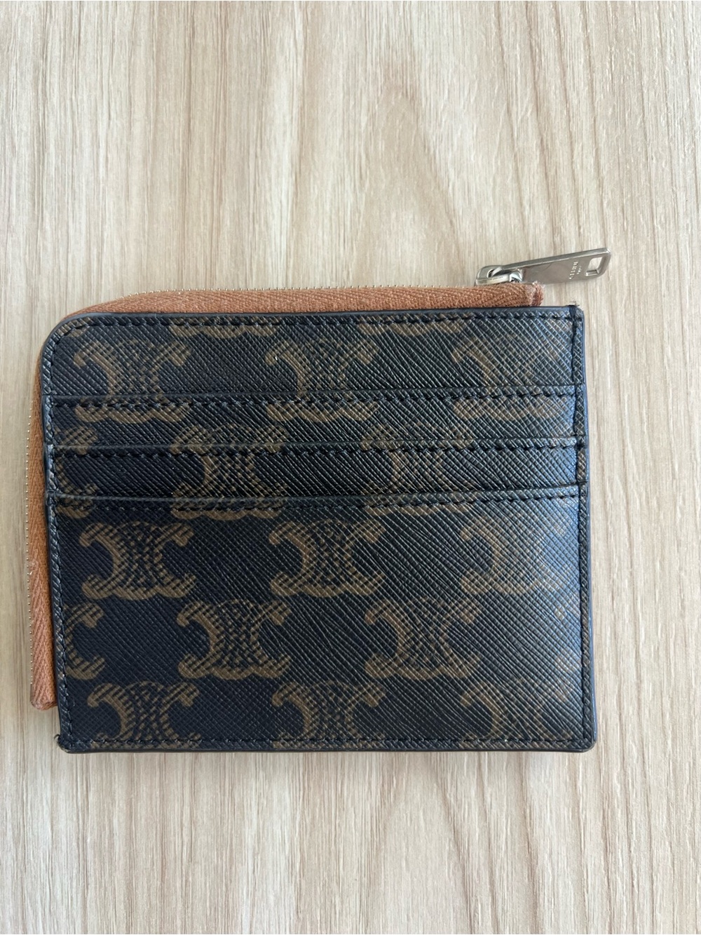 CELINE Triomphe Signature-Pattern Zip Card Holder in Black and Brown